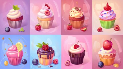 Illustration of sweet party posters, bakery or confectionery tasting events, invitation flyers with desserts, sweets, cakes, muffins, and cupcakes, cartoon modern ads.