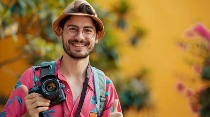 Positive man with retro photo camera photography celebration background
