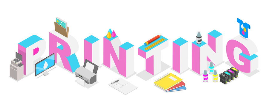 3D Isometric Flat  Illustration of Printing, Printing House Production Process