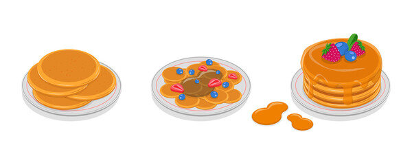 3D Isometric Flat  Set of Pancakes, American Brunch with Honey or Syrup
