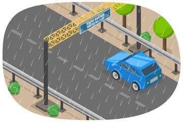 3D Isometric Flat  Illustration of Bad Weather Driving Conditions, Drive Safely in the Rain Season