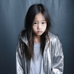 Silver background sad Asian child Portrait of young beautiful in a bad mood child Isolated on...