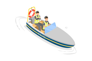 3D Isometric Flat  Illustration of Water Police, Coast Guard Ship