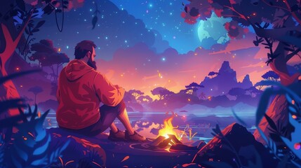 In uninhabited rainforest at night, a lonely man with beard survives in uninhabited jungle, modern cartoon illustration.