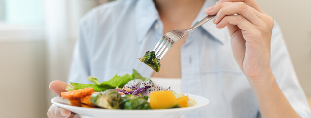 wellness lifestyles eat healthy food for good health concept, Close-up meal of vegan food have variety vegetable and raw freshness produce on the table.