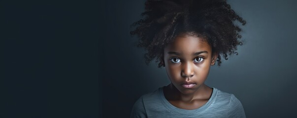 Silver background sad black American African child Portrait of young beautiful kid Isolated Background racism skin color depression anxiety fear burn out 