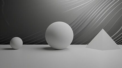 Minimalist Greyscale Game Interface with Floating 3D Objects