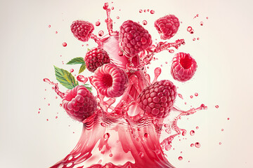 Raspberries flying in water splashes on light background. Sweet forest berry.