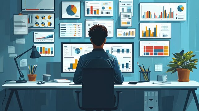 Workspace with blue walls: man in a suit sitting in front of a computer, diagrams on the wall, white furniture and plants