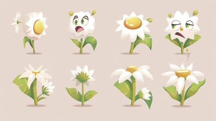 Stylish chamomile daisy flower emotion modern icon set. Isolated cute floral face character with leaves and petals. Plant mood expression with tired, sleepy, fun and flirty feelings.