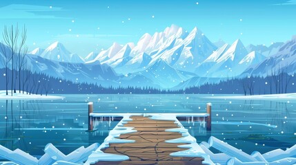 Winter lake with ice, wood pier and mountains in the distance. Landscape with frozen river water, snow on wooden embankment, and white rocks in the distance. Modern cartoon illustration.