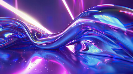 Abstract fluid 3d render holographic iridescent neon curved wave in motion dark background 