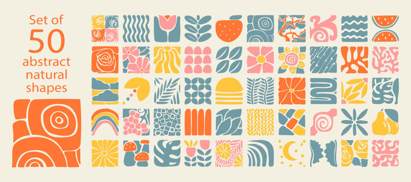 Set of 50 bauhaus natural geometric shapes, pattern in tiles, decorative abstract art, banner, wallpaper