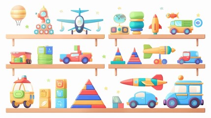Decorative store interior elements with cute cars, planes, robots, blocks, rockets, and pyramid on wooden shelves, modern cartoon set isolated on white.