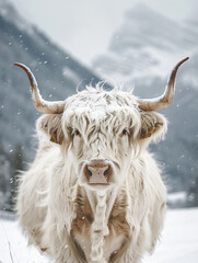 A wildlife high quality photo of white highland cow during winter snowing  background, wallpaper