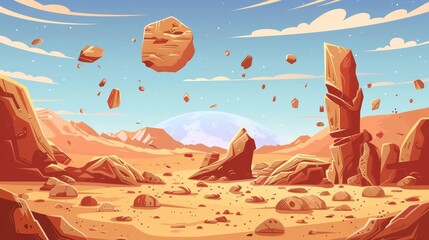 Illustration of Mars desert landscape with floating rocks. Cartoon background of boulder terrain with rocky arches. Monument construction in drought-sand environment.