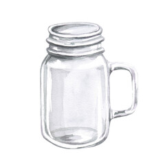 Transparent glass goblet with handle for drinks in watercolor illustration on a white background. Hand-drawn mug for cookbooks, lemonades, restaurant menu design, bar, tablecloths, cards