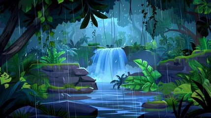 River in jungle rain forest modern background scene. Tropical forest with no one. Riverside park with plants, vines and shrubs. Rainy danger season.