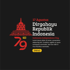 Indonesia Independence Day Social Media Post, Hand-Drawn Borobudur Temple with Trendy Stamp, 17 Agustus

