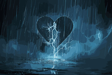 Rainy Day with Lightning Breaking Through Heart Symbolizing Family Problems and Negative Emotions