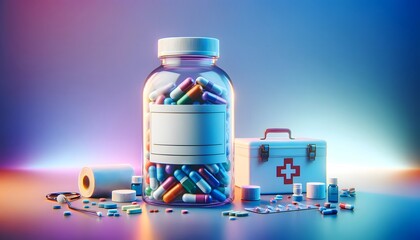A mockup of a vitamin bottle with colorful capsules, surrounded by medical supplies, in a vibrant, modern setting.