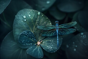 Blue demoiselle dragonfly, Calopteryx splendens on leaves Close up of beautiful insect in wildlife at sunny summer day fairy day concept