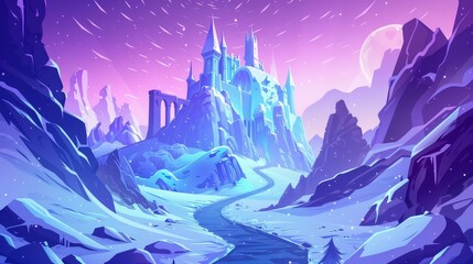 Imaginative winter fantasy castle in a kingdom with a snowy cartoon background. The fortress is reached via a road through beautiful snowy mountainous terrain.