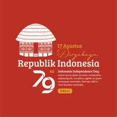 Indonesia Independence Day Social Media Post, Hand-Drawn Honai traditional house with Trendy Stamp, 17 Agustus
