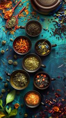 Several bowls of different types of herbs and spices on a table.  Vertical background 
