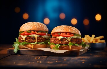 Two hamburgers on a wooden background Juicy Hamburger on a Bun with Lettuce and Cheese for National Hamburger Day Celebration concept