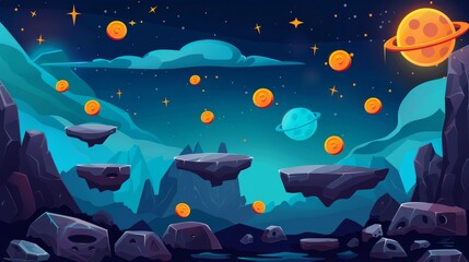 Modern cartoon illustration of alien planet rocky landscape, golden coins on level stones, score points, stars, and moon glowing in dark night sky.