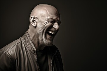 Obraz premium Portrait of a smiling man in his 50s laughing while standing against bare monochromatic room