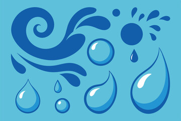 Water drops and splashes set graphic elements in flat design. Bundle of swirl and curl waves, liquid flow, falling raindrops, Vector illustration