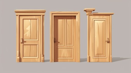 Mockup of a closed, ajar, and open wooden front door. Realistic 3D modern illustration set of sequence steps of entrance opening. Business office or house interior element with wood texture.