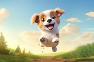 cute cartoon dog is jumping high in the air