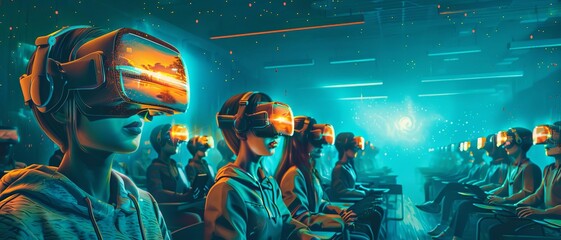 Obraz premium Classroom with students using VR headsets for virtual field trips to historical landmarks