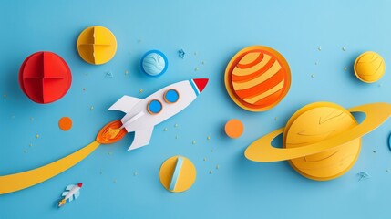 minimalist paper cutout, take off, space, planets, spaceship, Solar system, moon, blue background