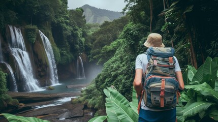 A backpacker in a straw hat and carrying a backpack stands before a scenic, multi-tiered waterfall surrounded by lush jungle foliage.