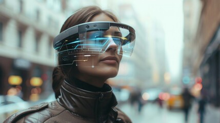 A pair of futuristic AR glasses being used in a busy urban environment, showcasing interactive overlays and advanced features. 