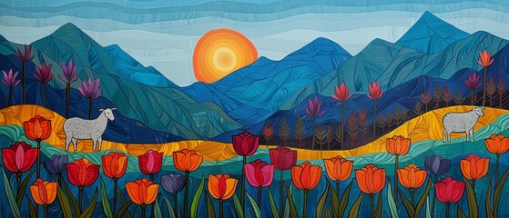 Sheep in a mountain field of colorful tulips, Madhubani Bharni style, graceful and relaxed, traditional clear sky