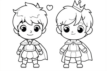 coloring pages with cute prince characters, coloring book, happy prince characters set. vector outline fantasy monarch kingdom a prince. medieval fairytale prince character.
