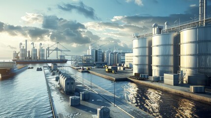 Obraz premium A deep sea port specialized in bulk cargo handling, with huge storage silos and conveyor systems, in a photorealistic, industrial style. 