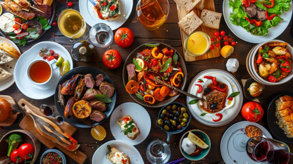 full table of delicious dinner, buffet