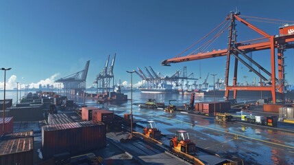 A deep sea port with autonomous cargo handling systems, featuring automated cranes and robotic vehicles, under a clear blue sky, in a highly detailed and realistic style.