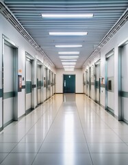 3D render, Empty white futuristic corridor with neon blue and pink lights, leading to a sleek, modern interior with silver walls, corridor in hospital