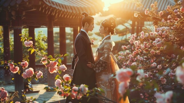 A dramatic reenactment of a K-drama scene in a picturesque garden, with actors in stylish outfits and a romantic atmosphere 