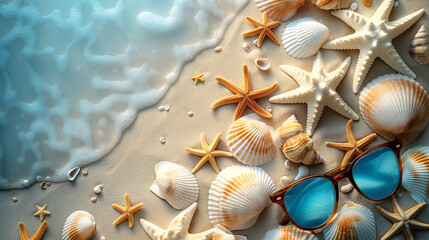 The top view of multi-colored seashells, starfish and a sunglasses on the white sandy beach