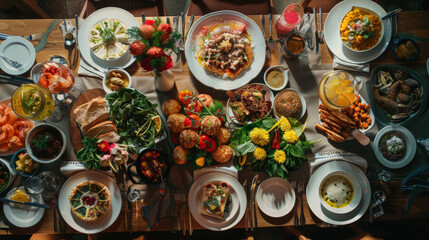 full table of delicious dinner, buffet