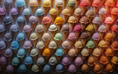 Variety of vibrant ice cream cones arranged in a neat grid