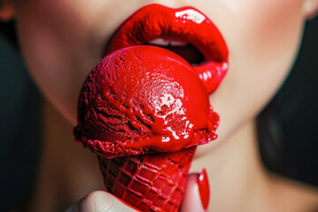 Close-up sexy woman lips with glossy red lipstick eating a creamy ice cream. Pleasure of eating. Beauty make-up studio shot.